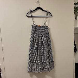 Tory Burch Navy and White Gingham Tie Shoulder Dress